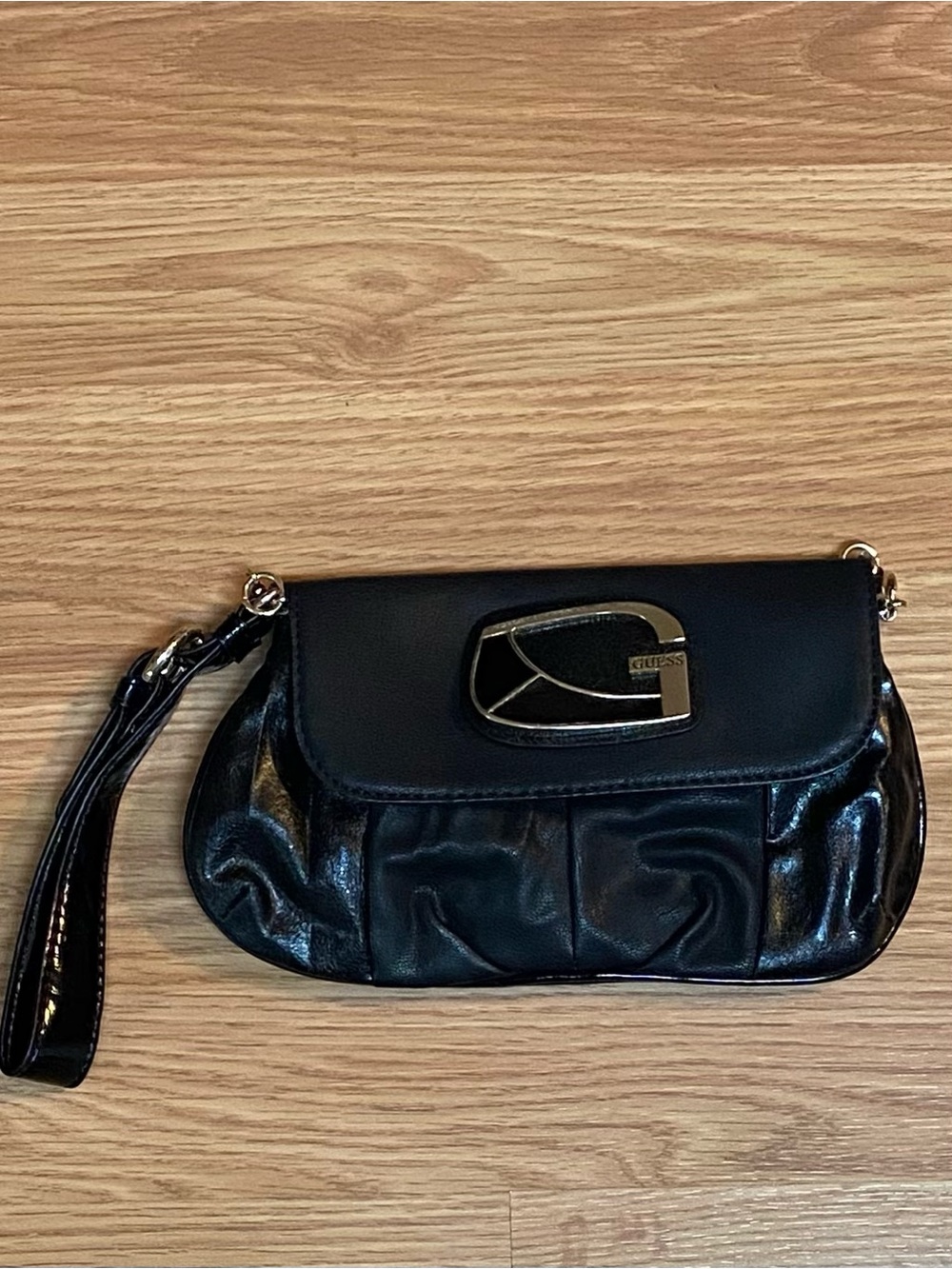 Guess Black Leather Wristlet Clutch with Gold Hardware